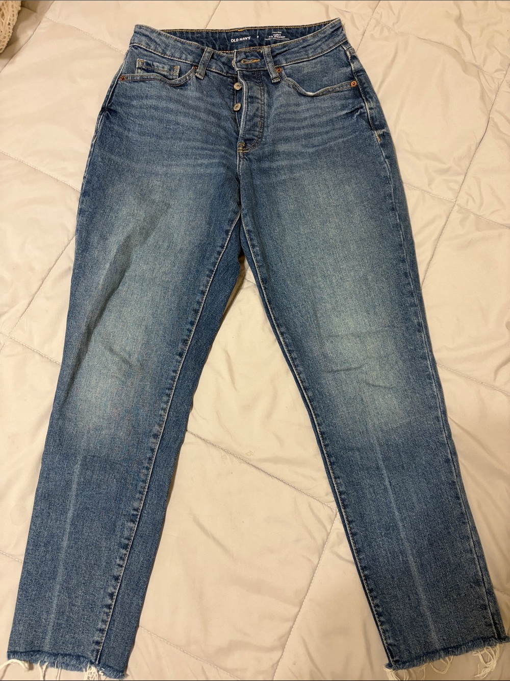 Old Navy Medium Blue Curvy OG Straight Jeans with Frayed Hem